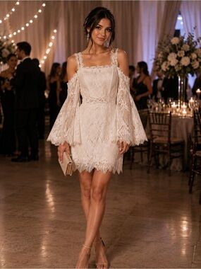 Three Floor Cream Lace Cold-Shoulder Mini Dress